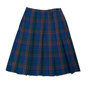 Vintage Plaid Pleated A-Line Skirt 60s Womens Blue Green Tartan 22" x 20"